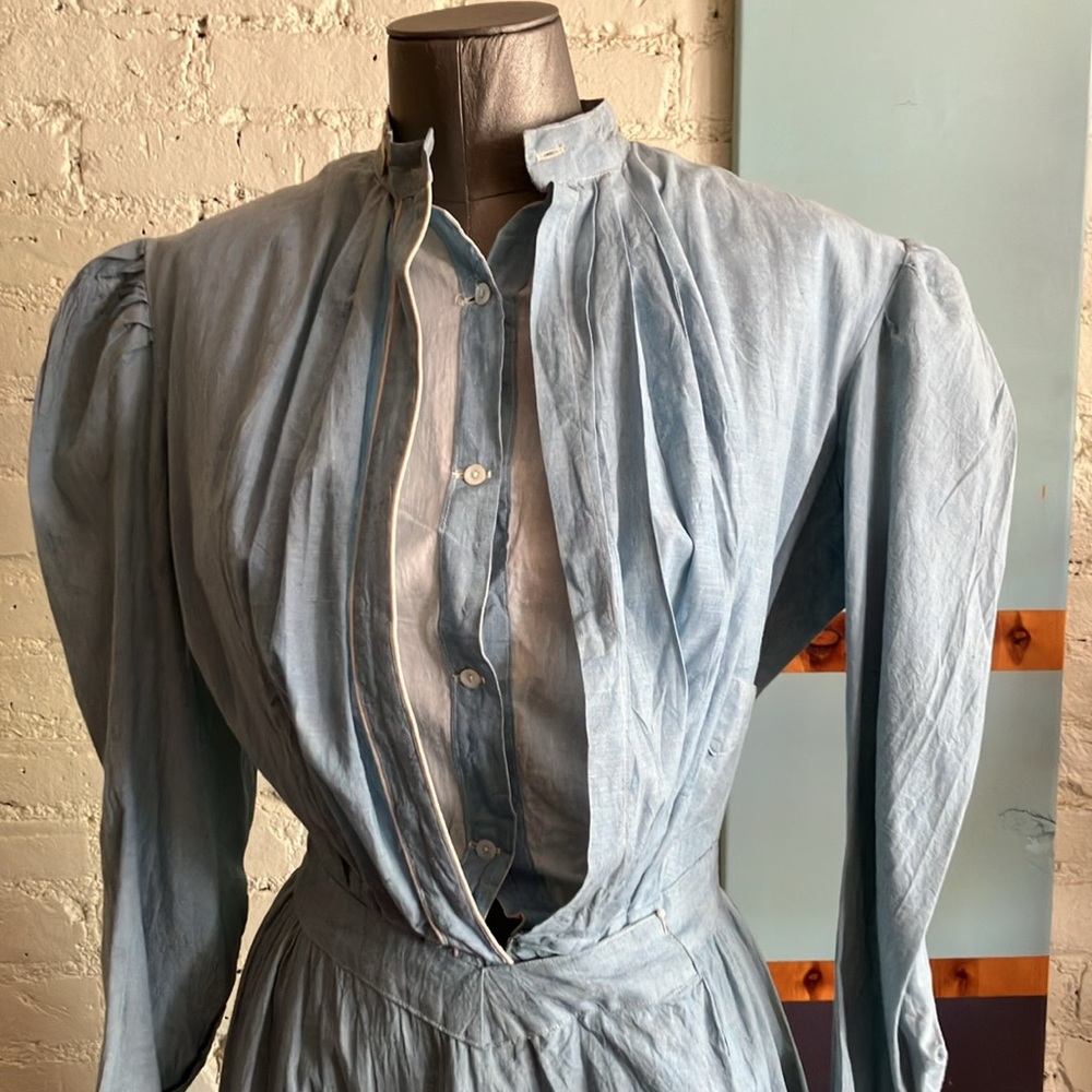 Dead stock antique blue cotton chambray long sleeve prairie dress size XS - Picture 7 of 16